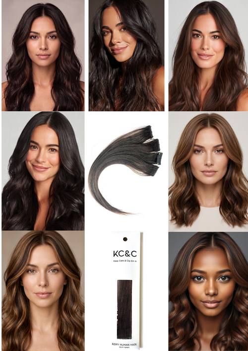 DARK BROWN HIGHLIGHTS REMY HUMAN HAIR EXTENSIONS SET OF 4
